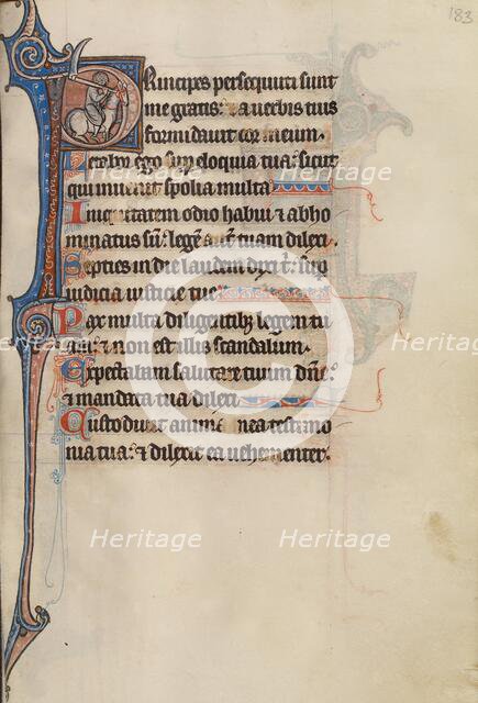 Initial P: A Man on a White Horse with a Sickle; Bute Psalter, text and illumination about 1285. Creator: Bute Master.