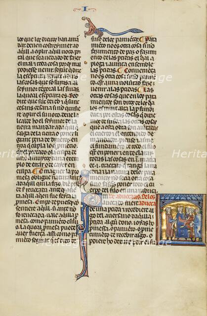 Initial Q: A Judge and an Attorney with Three Men; Vidal Mayor, about 1290-1310. Creator: Unknown.