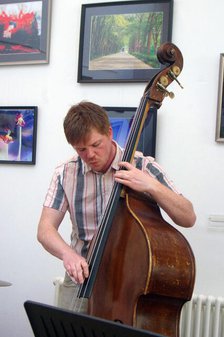 Stuart Barker, Stuart Henderson Quartet, Clocktower Cafe Jazz Club, Croydon, London, April 2025. Creator: Brian O'Connor.