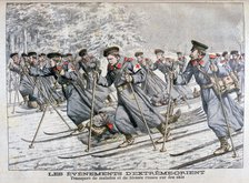 Transporting sick and wounded Russian troops on skis, Russo-Japanese War, 1904. Artist: Unknown