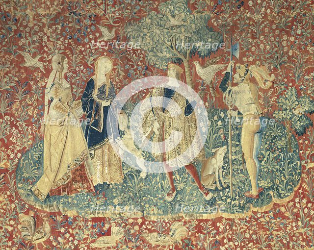 A Falconer with Two Ladies and a Foot Soldier, possibly Paris or Bruges, c. 1500. Creator: Unknown.