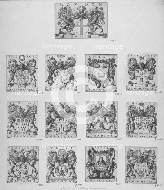 Arms of the twelve chief City Livery Companies surmounted by the arms of the City of London, 1667. Artist: Wenceslaus Hollar