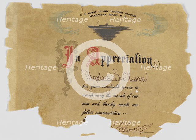 Certificate of Appreciation from US Coast Guard to Maxine Sullivan, 20th century. Creator: Unknown.