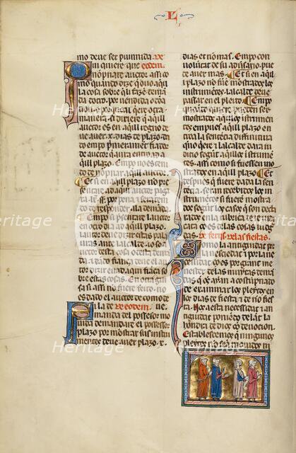 Initial C: A Judge and a Monk Speaking with an Attorney and Clients; Vidal Mayor, about 1290-1310. Creator: Unknown.