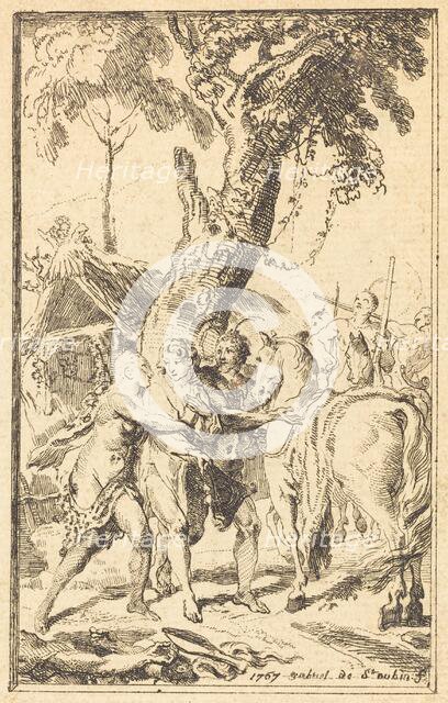 Flight of M. de Belle-Isle, Prisoner with theAttakapas [right], 1767. Creator: Gabriel de Saint-Aubin.