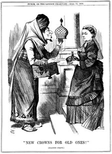 'New Crowns for Old Ones!', Benjamin Disraeli offering the crown of India to Queen Victoria, 1876. Artist: John Tenniel