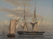 An American Naval Brig Lying at Anchor while Her Sails Are Drying, 1831-1832. Creator: CW Eckersberg.
