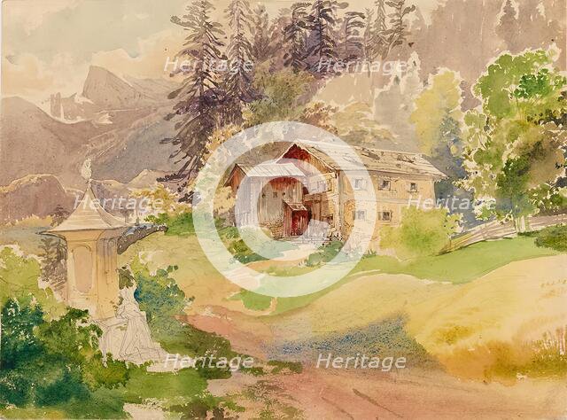 Alpine landscape with farmhouse and woman in front of Marterl, undated. (c1810s). Creator: Franz Steinfeld.