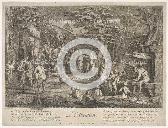 The Education (L'Education): in a forest, to right an old satyr instructor holdin..., ca. 1700-1720. Creator: Claude Gillot.