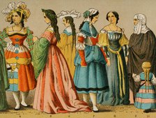 Women's dresses from different social classes, German, 1500-1550, (1881).  Creator: Unknown.