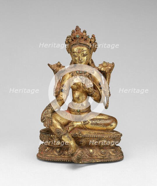 Goddess Green Tara Seated with Hand in Gesture of Gift Giving (Varadamudra), 14th century. Creator: Unknown.