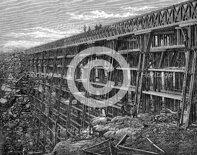 Wooden trestle bridge on the Union Pacific Railroad, Dale Creek, Wyoming, USA, 1869. Artist: Unknown