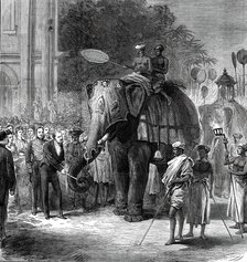 The Prince giving sugar-cane to the elephants at the rehearsal of the Perahara, Kandy..., 1876. Creator: Unknown.