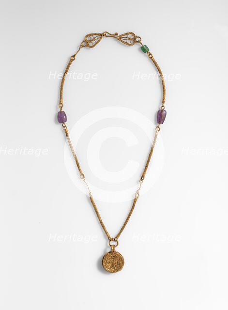 Gold Necklace with Gold Cross, Two Amethysts, and an Emerald Plasma, Byzantine, 6th-7th century. Creator: Unknown.