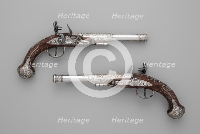Pair of Flintlock Pistols, Indian, Lucknow, and possibly British, London, ca. 1786. Creator: Claude Martin.