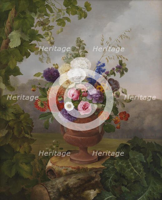 Vase in the Greek Style with Flowers, Standing on a Tree Stump, 1832. Creator: Hermania Neergaard.