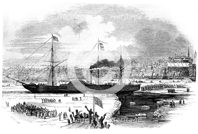Cunard Line's first transatlantic liner 'Britannia' leaving Boston, Massachusetts, USA, 1847. Artist: Smyth