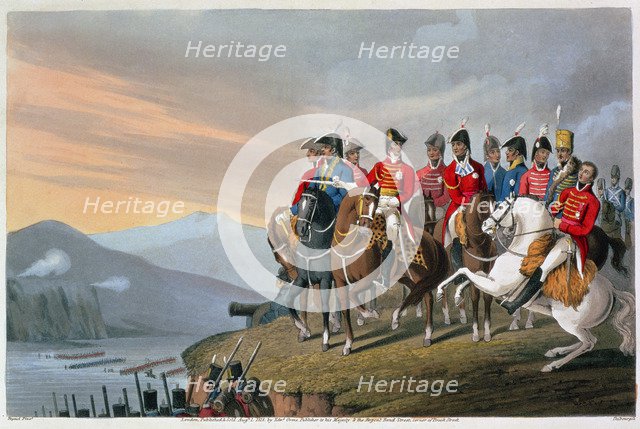 'The Duke of Wellington and his Staff Crossing the Bidassoa and Entering France', 1813 (1816). Artist: Matthew Dubourg