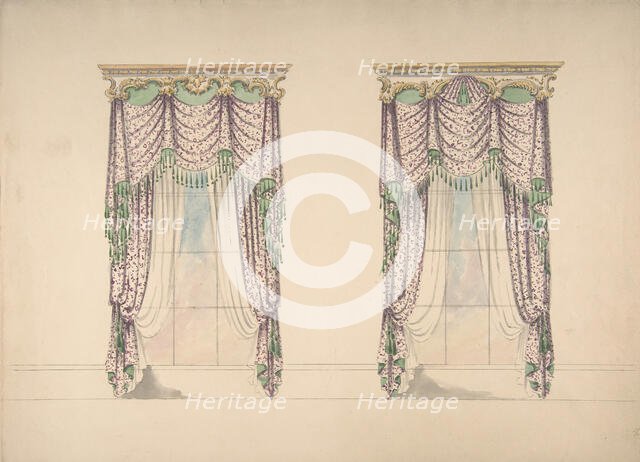 Design for Pink and White Curtains with Green Fringes, and Gold and White Pediments, c1820. Creator: Anon.
