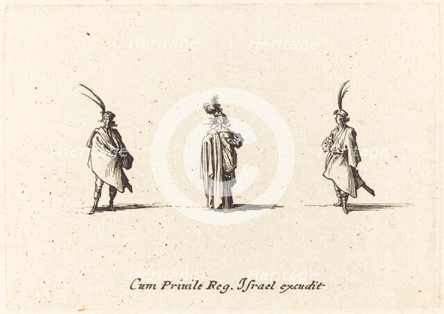 Lady in Long Cloak, and Two Gentlemen, probably 1634. Creator: Jacques Callot.
