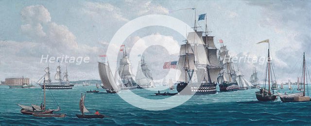 The U. S. Ship Franklin, with a View of the Bay of New York, 1820s or 1830s. Creator: Thomas Thompson.