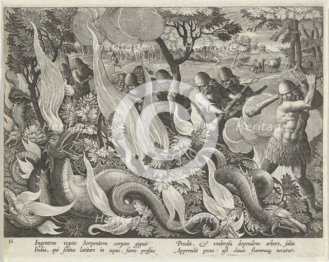 Catching Serpents in India Using Clubs and Torches to Light the Undergrowth, pub. 1640 (engraving). Creator: Straet, Jan van der (Joannes Stradanus) (1523-1605).
