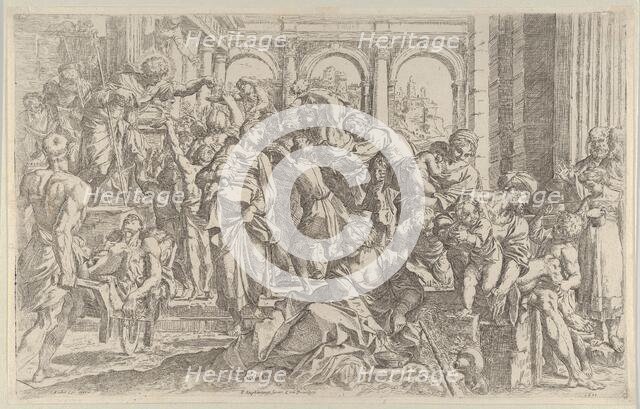 Saint Roch at left distributing alms to a group of people gathered around him, af..., ca. 1590-1600. Creator: Francesco Brizio.