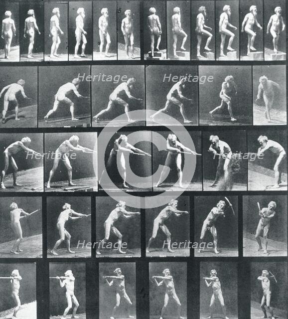 A: Walking. B: Ascending a Step. C: Throwing the disk. D: Using a Shovel. E,F: Using a Pick, 1887. Creator: Eadweard J Muybridge.