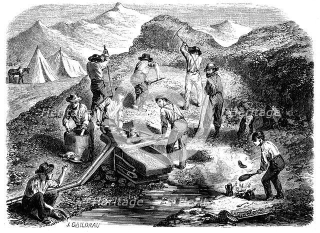 Cradling for gold in the Californian gold fields, 1849. Artist: Unknown