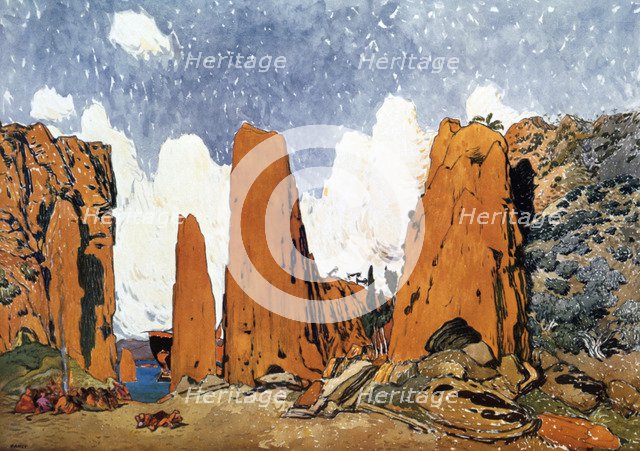 Set design for a Ballets Russes production of Ravel's Daphnis et Chloe, 1912. Artist: Leon Bakst