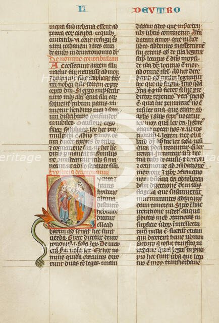 Initial Q: Two Israelites Courting a Young Woman; Historia Scholastica, about 1300. Creator: Unknown.