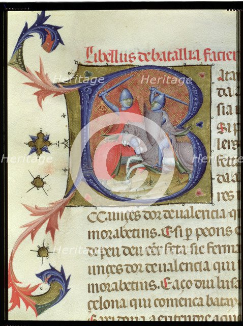 Llibre Verd, book of the city of Barcelona. 'Fight between knights', miniature decorating the ini…