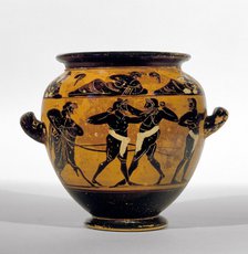 Athenian black-figure stamnos depicting athletes around belly of the vase and a symposium of men and Artist: Michigan Painter.