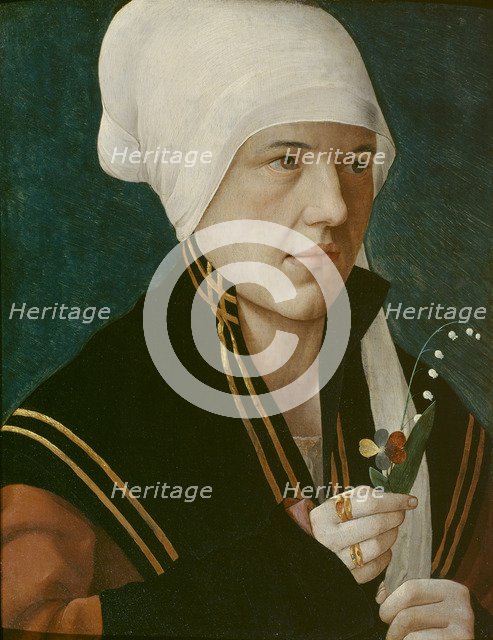 Portrait of a woman holding a Lily-of-the-Valley and a pansy, before 1520.