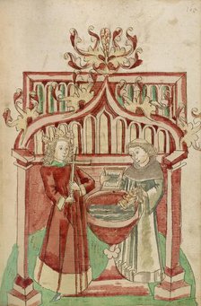 Josaphat before the Baptismal Font with a Tonsured Cleric; Barlaam und Josaphat, 1469. Creators: Hans Schilling, Diebolt Lauber.