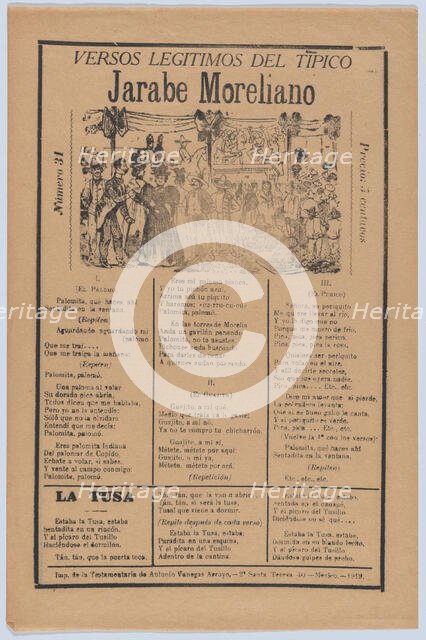 Broadsheet with songs for a Mexican courtship dance called the 'Jarabe Mor..., ca. 1919 (published). Creator: José Guadalupe Posada.