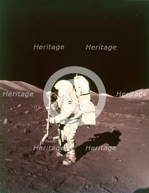 Harrison Schmitt collects lunar rake samples, Apollo 17 mission, December 1972. Creator: NASA.