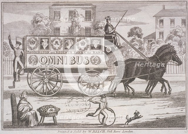 Shillibeer's first omnibus drawn by three horses, London, c1830. Artist: Anon