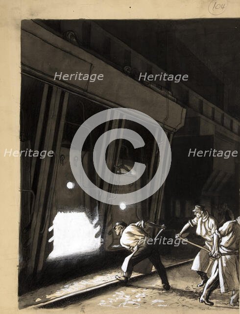 Foundry scene (men stoking smelting furnace), between 1939 and 1946. Creators: Unknown, Central Office of Information.