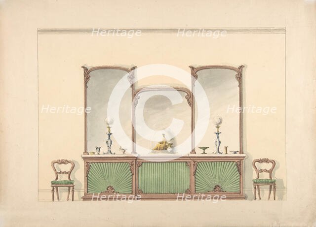 Design for a Mirrored Three Sectioned Marble-topped Cabinet and Two Chairs, early 19th cent. Creator: Anon.