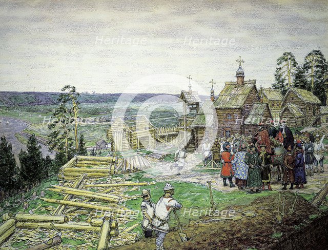 The Founding of the Moscow Kremlin, 1156', 1917. Creator: Vasnetsov, Appolinari Mikhaylovich (1856-1933).