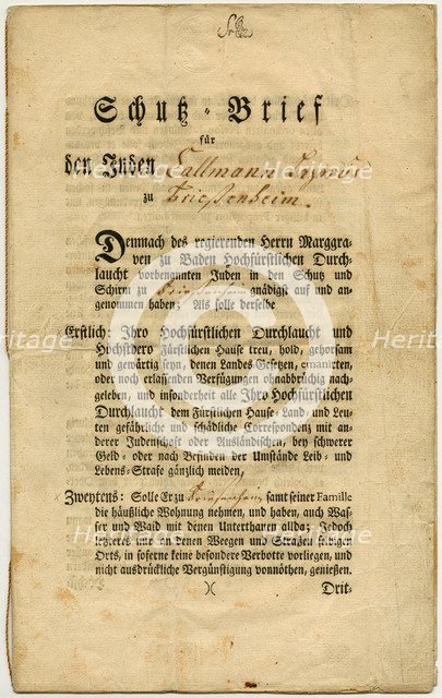 Letter of Protection for Callmann Lazarus from Friesenheim in Baden, 1777.