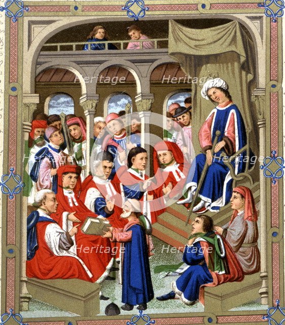 Jaume Marquilles gives his book to Counselors of Barcelona in the presence of King Alfons IV the …