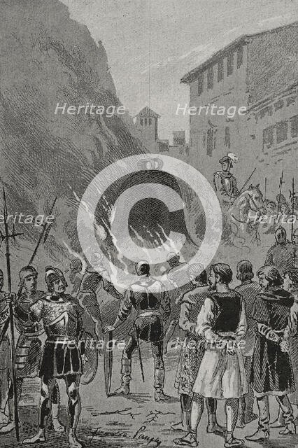 Insurgents forced to drink the molten liquid of the bells as a punishment, 1348, (1890).  Creator: Joan Serra y Pausas.