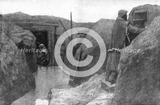 'La tranchee pleine d'eau; au premier plan, le guetteur est au creneau : au fond, dans..., 1916. Creator: Georges Leroux.