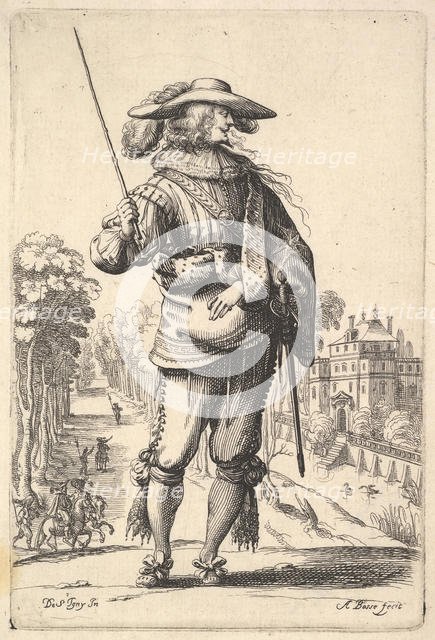 A gentleman with his head turned towards the right in profile, wearing a plumed hat and a ..., 1629. Creator: Abraham Bosse.