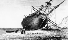 HMS 'Beagle' laid ashore, Rio Santa Cruz, Patagonia, South America, 1834 (1839). Artist: Unknown