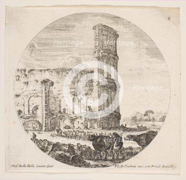 Plate 8: the Colosseum, two herds being directed towards the amphitheater in the foreg..., ca. 1646. Creator: Stefano della Bella.