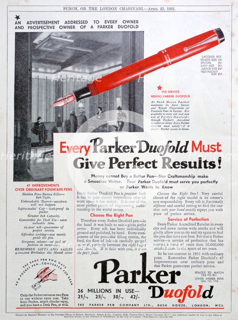 Advert for Parker pens, 1931. Artist: Unknown
