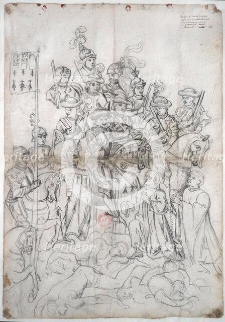 Connétable de Richemont burying the dead after the Battle of Formigny, 1621. Creator: Fouquet; Jean (workshop) ().